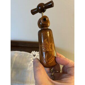 Vintage Double Twist French Wooden Wine Bottle Opener with Floral Etching, Rever